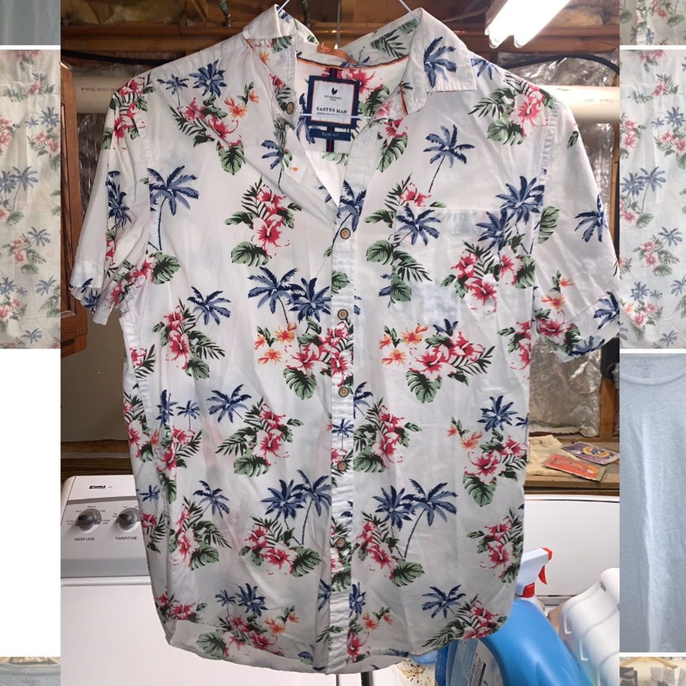 New Men’s Medium Floral Cactus Man Polo T White